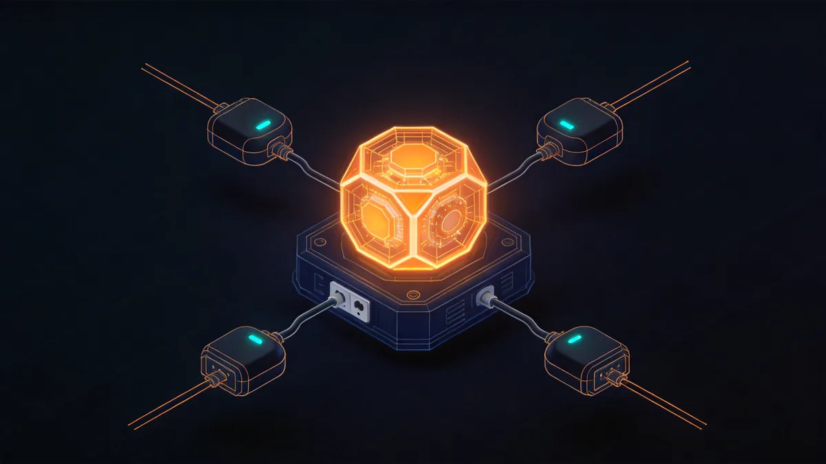 Abstract illustration of an agent harness: a glowing core connected to swappable plugin modules